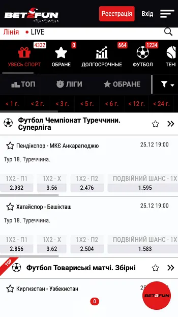 Лінія та коефіцієнти БК Bet2Fun